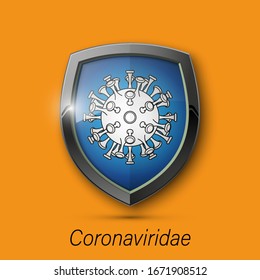 3d color shield with coronavirus pandemic SARS-Cov-2 icon on bacground. Coronavirus disease 2019 (COVID-19) Vector illustration