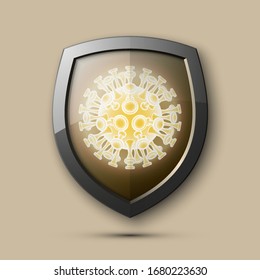 3d color shield with coronavirus pandemic SARS-Cov-2 glow icon on bacground. Coronavirus disease 2019 (COVID-19) Vector illustration
