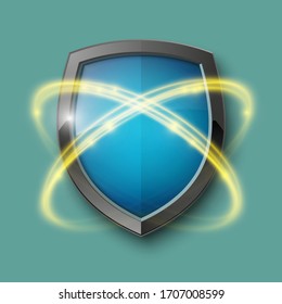 3d color shield icon with gold glowing effect. Vector illustration