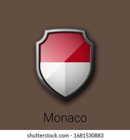3d color shield icon with state flag Monaco Republic country on background. Vector national colors illustration