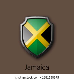 3D-Farbschild-Symbol mit Staatsflagge Jamaika Republik Land auf dem Hintergrund. Vektorillustration - Landesfarben - Illustration