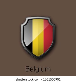 3d color shield icon with state flag Belgium Republic country on background. Vector national colors illustration