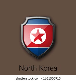 3d color shield icon with state flag North Korea Republic country on background. Vector national colors illustration