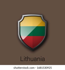 Icono de escudo de color 3d con bandera nacional Lituania República en segundo plano. Ilustración de colores nacionales del vector
