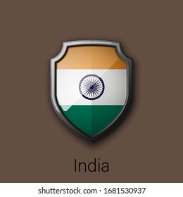 3d color shield icon with state flag India Republic country on background. Vector national colors illustration