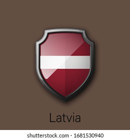 Icono de escudo de color 3d con bandera estatal Letonia República país en segundo plano. Ilustración de colores nacionales del vector