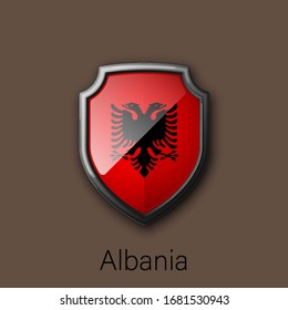 Icono de escudo de color 3d con bandera del estado Albania República país en segundo plano. Ilustración de colores nacionales del vector