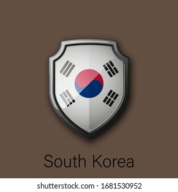 3d color shield icon with state flag South Korea Republic country on background. Vector national colors illustration