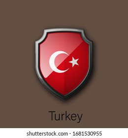 3d color shield icon with state flag Turkey Republic country on background. Vector national colors illustration