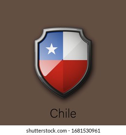 3d color shield icon with state flag Chile Republic country on background. Vector national colors illustration