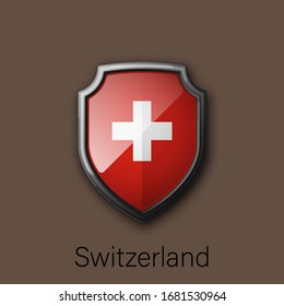 Icono de escudo de color 3d con bandera estatal Suiza República país en segundo plano. Ilustración de colores nacionales del vector