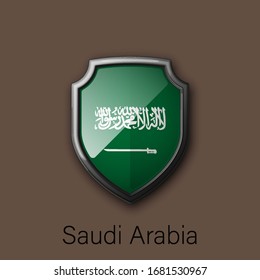 3d color shield icon with state flag Saudi Arabia Republic country on background. Vector national colors illustration