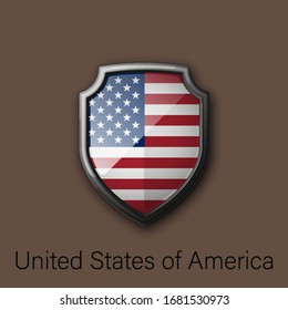 Icono de escudo de color 3d con bandera de estado Estados Unidos de América en segundo plano. Ilustración de colores nacionales de Vector USA