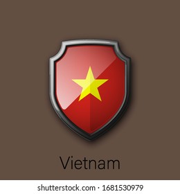 Icono de escudo de color 3d con bandera estatal, República de Vietnam, en segundo plano. Ilustración de colores nacionales del vector