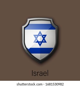 3d color shield icon with state flag Israel Republic country on background. Vector national colors illustration