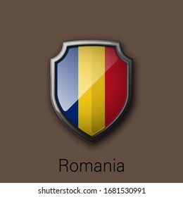 3d color shield icon with state flag Romania Republic country on background. Vector national colors illustration