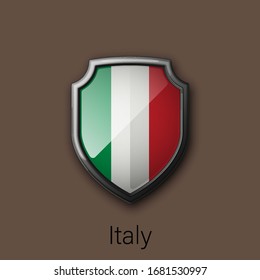 3d color shield icon with state flag Italy Republic country on background. Vector national colors illustration