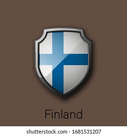 3d color shield icon with state flag Finland Republic country on background. Vector national colors illustration