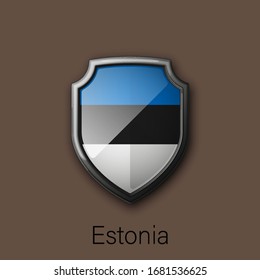 3d color shield icon with state flag Estonia Republic country on background. Vector national colors illustration