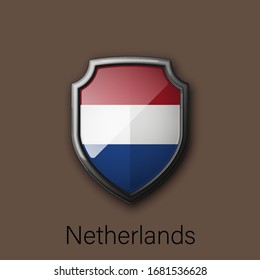 3d color shield icon with state flag Netherlands Republic country on background. Vector national colors illustration