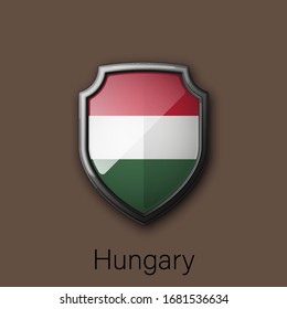 Icono de escudo de color 3d con bandera de estado Hungría país República en segundo plano. Ilustración de colores nacionales del vector