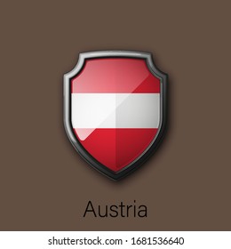 3d color shield icon with state flag Austria Republic country on background. Vector national colors illustration
