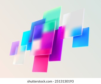 3D color squares and rectangles in glass morphism style. Transparent frame for text with geometric shapes. Abstract vector design elements.