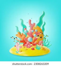 3d Color Underwater World Scene Landscape Concept Cartoon Style Include of Coral and Seaweed. Vector illustration