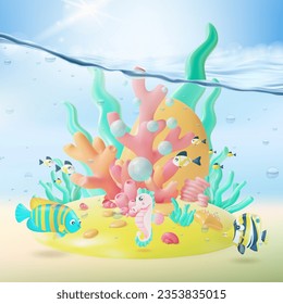 3d Color Underwater World Scene Landscape Concept Cartoon Style . Vector illustration of Undersea Coral and Seaweed