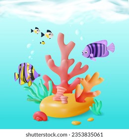 3d Color Underwater World Scene Landscape Concept Cartoon Style Include of Striped Tropical Fish. Vector illustration