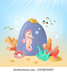 3d Color Underwater World Scene Landscape Concept Cartoon Style Include of Sea Horse Tropical Aquatic Creature. Vector illustration