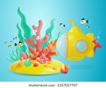 3d Color Underwater World Scene Landscape Concept Cartoon Style Include of Yellow Submarine with Periscope. Vector illustration