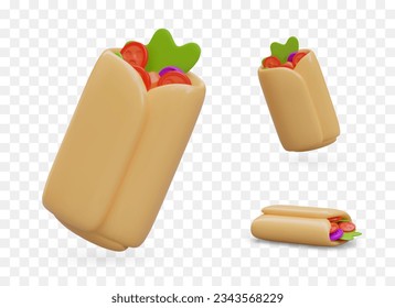 shawarma vectorial de color 3D. Lavash con relleno de carne y verduras. Burrito picante, cantero. Comida rápida en la calle. Pan de pita turco. Conjunto de imágenes aisladas. Objeto en posiciones diferentes