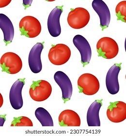 3d Color Vegetables Seamless Pattern Background on a White Cartoon Style. Vector illustration of Eggplant and Tomato