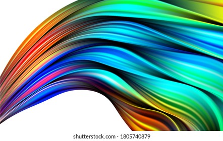 3D colored abstract twisted fluide shape on dark background. Trendy liquid design. Flow shapes stream paint. Deep analysis brushstroke colorful banner. Vector illustration realistic dye mesh grid.