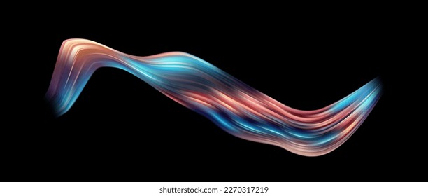 3D-farbige abstrakte, gedrehte Flussform auf dunklem Hintergrund. Trendy Liquid Design. Flussformen fließen Farbe. Tief analytische Pinselstrich bunt Banner. Vektorgrafik realistisches Farbstoffgitter-Gitter.