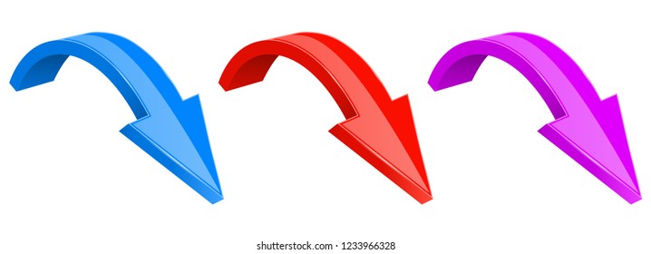 3d colored arrows. Down shiny icons. Vector illustration isolated on white background