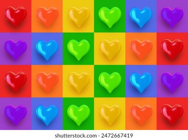 Corazones multicolores brillantes de color 3d para el mes del Orgullo. Insignia tridimensional colorida de la forma del corazón del Vector, Anuncio, póster, etiqueta engomada o icono con la ilustración del patrón del arco iris del degradado LGBTQ+