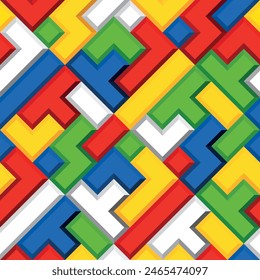 3D colored building kit blocks vector square seamless pattern.