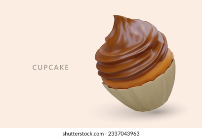 3D colored cupcake with whipped cream. Portion sweets in individual packaging. Delicious decorated pastries. Vector poster with floating object, shadow, text