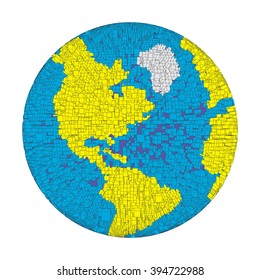 3D colored distorted globe of pixel bricks particles and wireframe. Futuristic vector illustration. puzzle element. Earth day, ecology splash or explosion concept