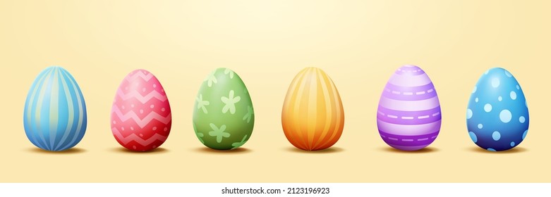 3D Colored Easter eggs with beautiful pattern isolated on yellow background