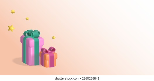 3d Colored Gift Boxes with Stars on Gradient Background. Birthday Celebration concept. Merry New Year, Merry Christmas Giftboxes with Stars. Sale display concept. 3d rendering, Vector Illustration.