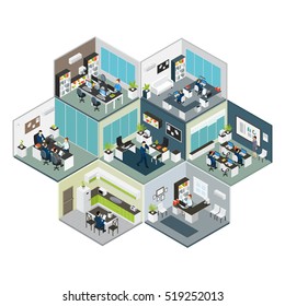 3d colored isometric office on different floors composition looks like bee honeycomb vector illustration