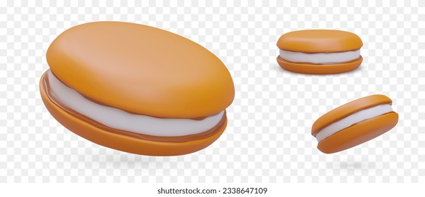 3D colored sandwich cookies, view from different sides. Set of sweet sandwich biscuits with cream. Isolated vector image. Sweet pastry with filling. Portioned snack