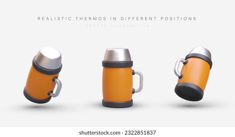 3D colored thermos in different positions. Heat resistant dishes for drinks. Tourist equipment. Realistic thermos with handle and metal lid. Vector image with shadows