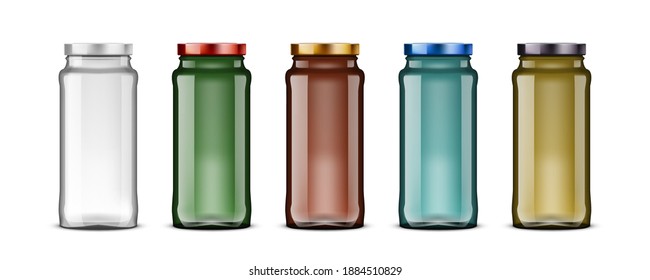 3D Colored Transparent Glass Jar With Color Lids. EPS10 Vector
