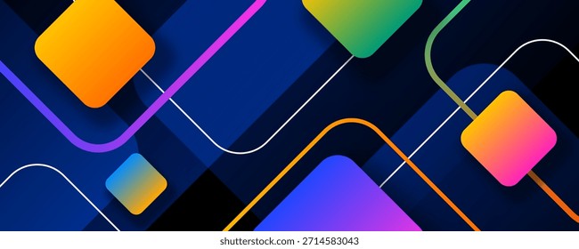 Capa abstracta colorida de la superposición del fondo 3D en el espacio oscuro con la decoración redondeada del efecto de los cuadrados. Concepto de estilo de líneas de elementos de Diseño gráfico moderno para Web, arte, volante, tarjeta o cubierta de folleto