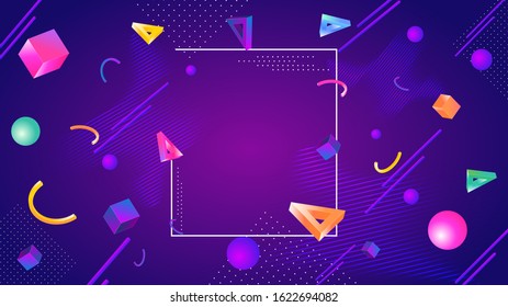 3D colorful abstract geometric elements decorated on purple background with space for your message.