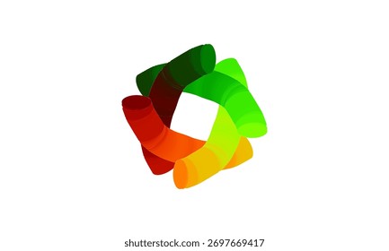 3D colorful abstract geometric loop shape featuring vivid red, orange, yellow, and green gradients. Bold tubular curves intertwine to form a modern circular design with smooth transitions.